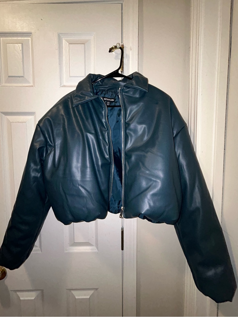 Cropped Faux Leather Puffer Jacket - Teal